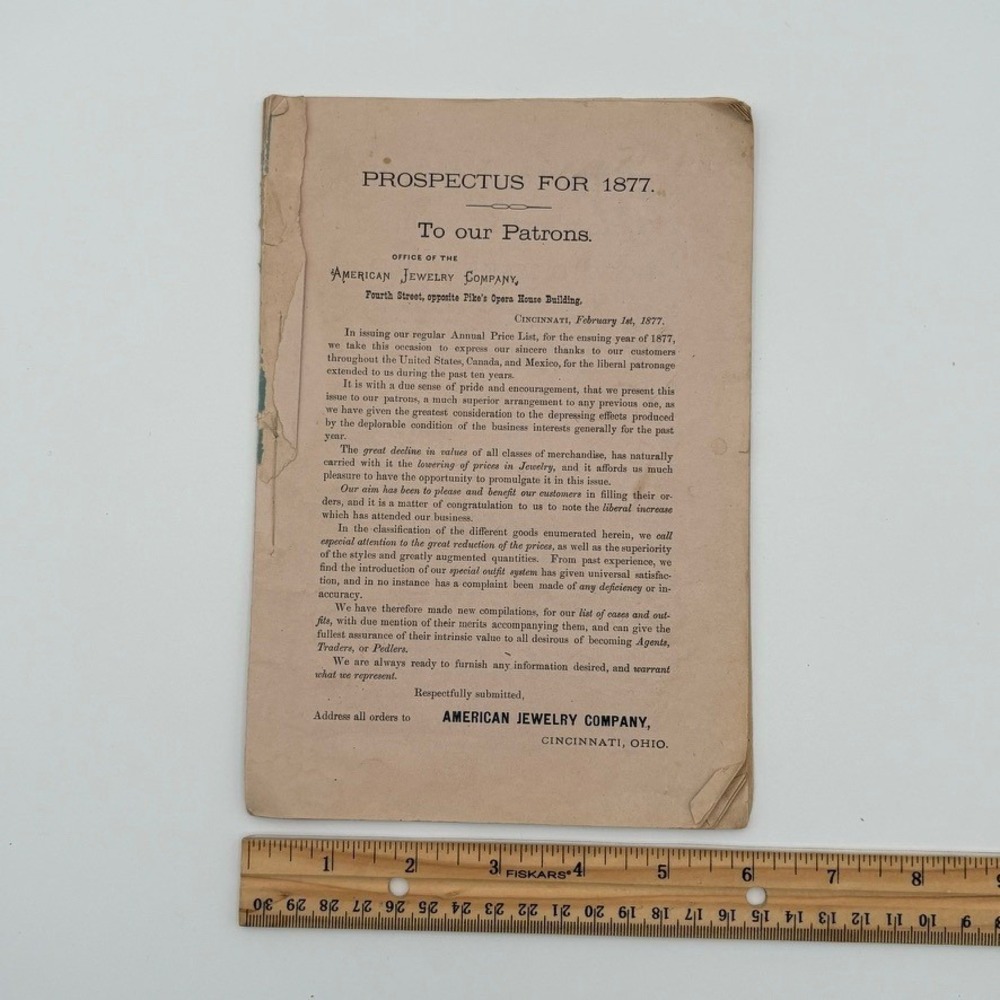 1877 American Jewelry Co Cincinnati Ohio Prospectus Agent Price List Ephemera